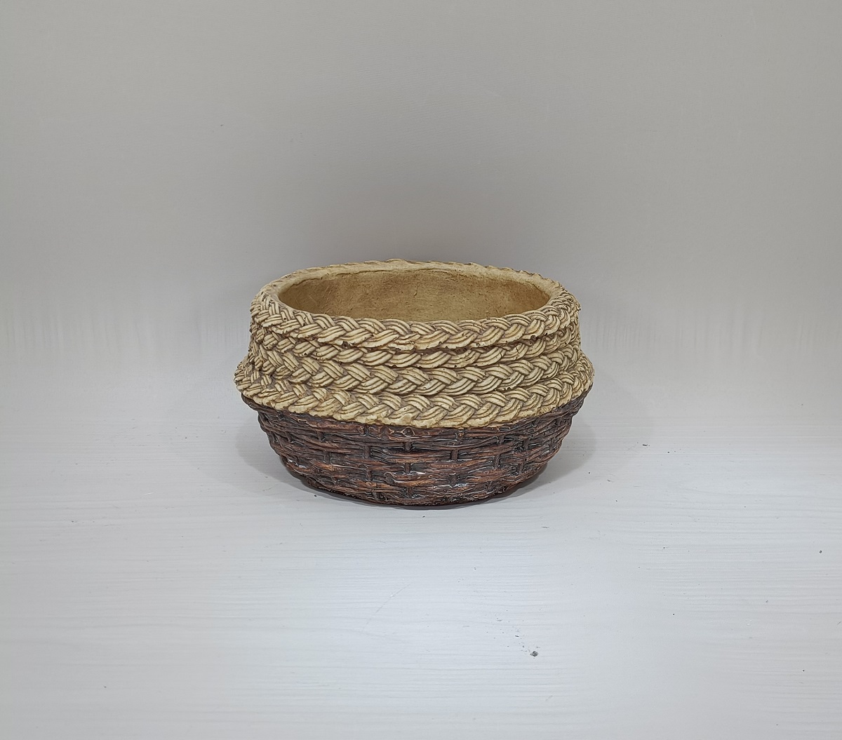 Nordic garden style bamboo weaving design outdoor round succulent plants pot cement flower pots for decoration