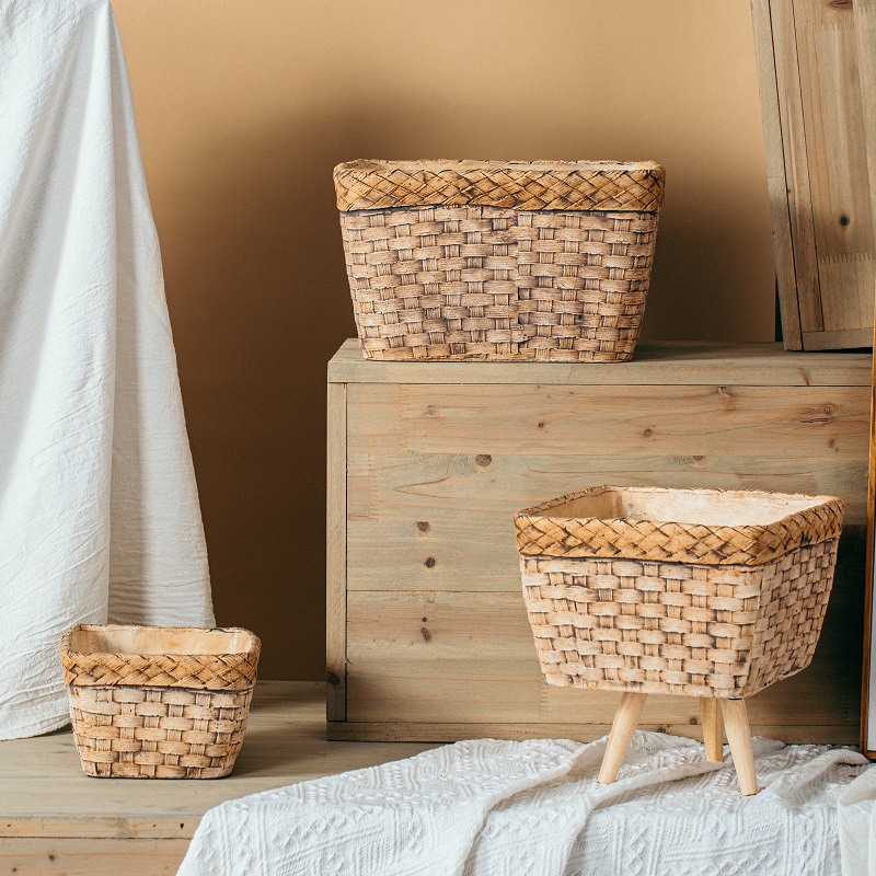 High quality garden decoration bamboo weaving design planters pots indoor home desktop cement flower pot