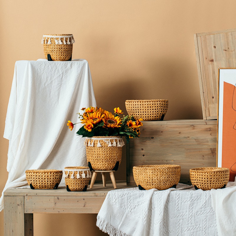 Rustic style bamboo woven design plant pot home garden balcony decorative cement desktop flower pots