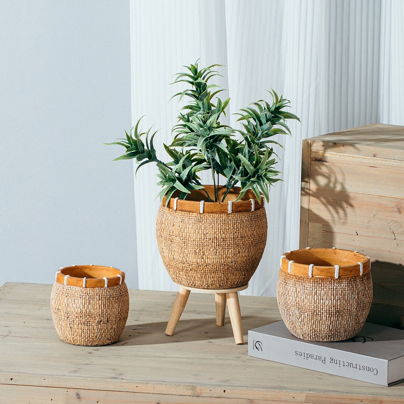 Hot selling bamboo woven design small planters indoor tabletop succulent pots cement garden flower pot