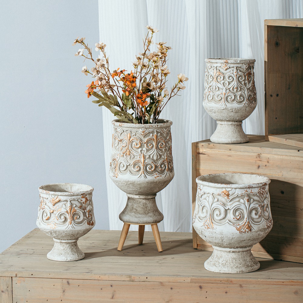 Modern graceful urn shape cement pot white wedding decoration pots luxury cement flower pot 