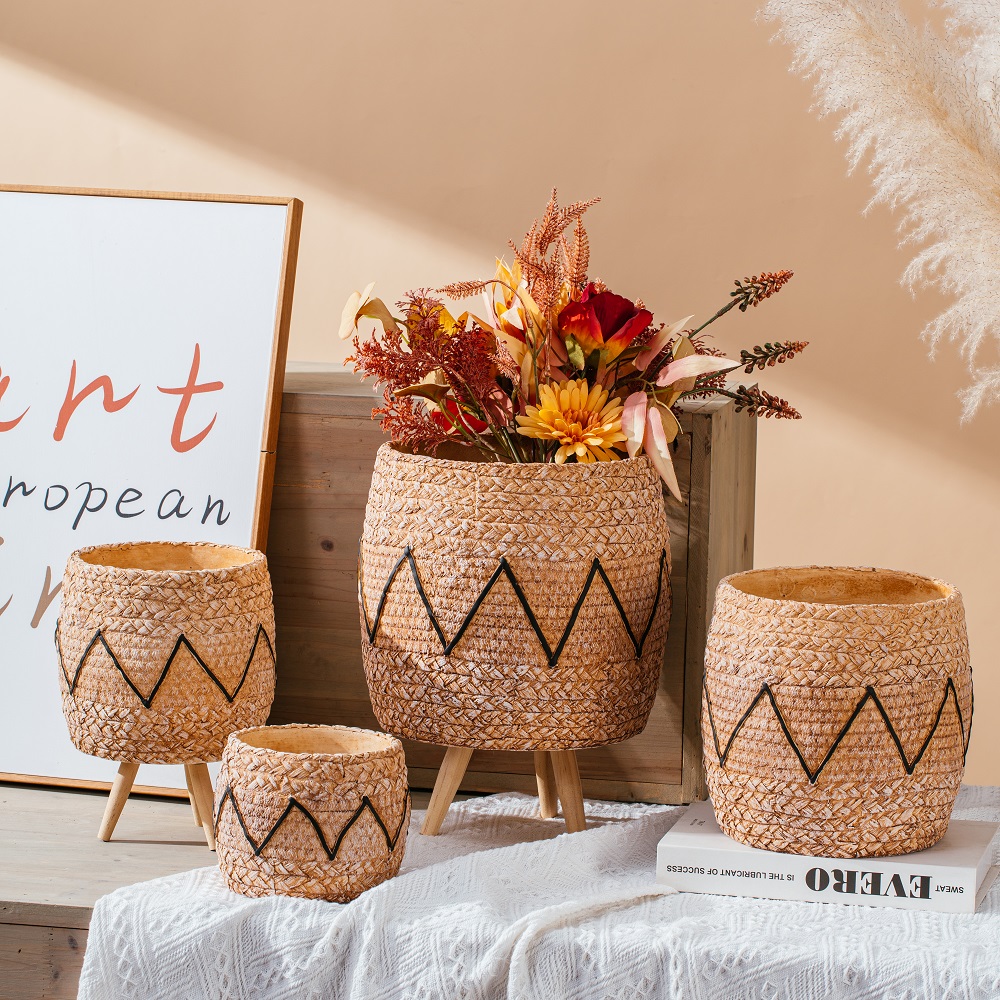 bamboo woven design succulent planter pot concrete cement flower plant pots for garden