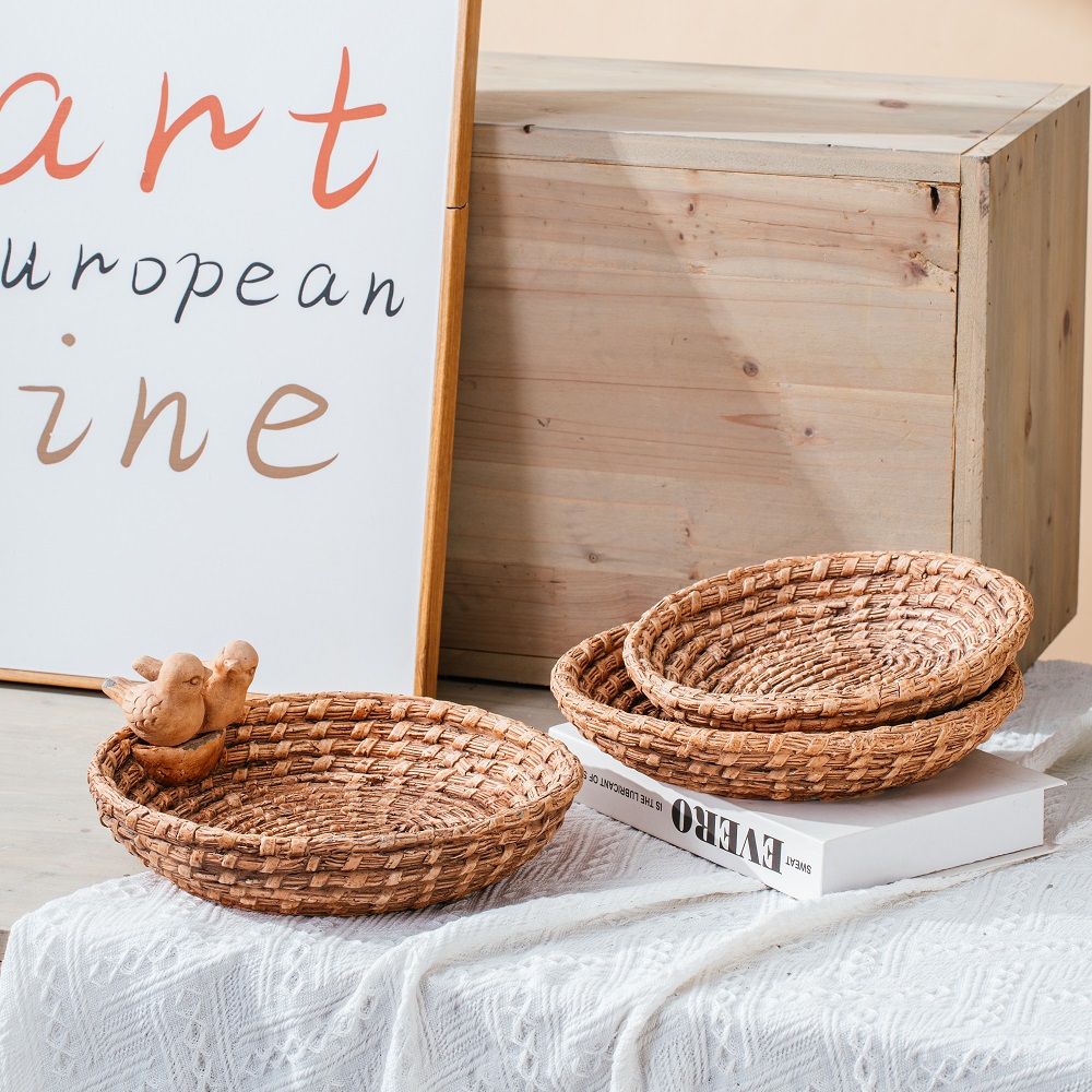 bamboo woven design concrete rectangle plate cement decorative plate with bird decor