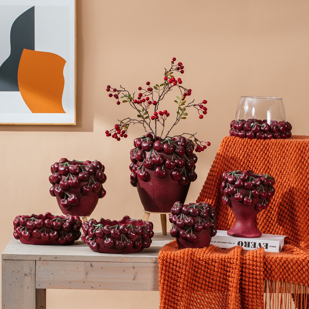 Popular fruit design cherry shape Concrete Vase Embossed modern cement vase