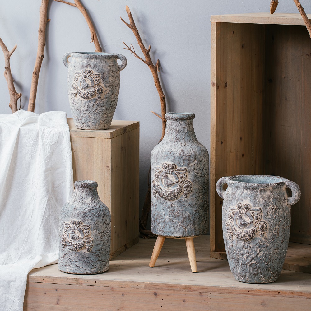 Vintage home decoration garden pots old looking cement flower pots & planters with double handles