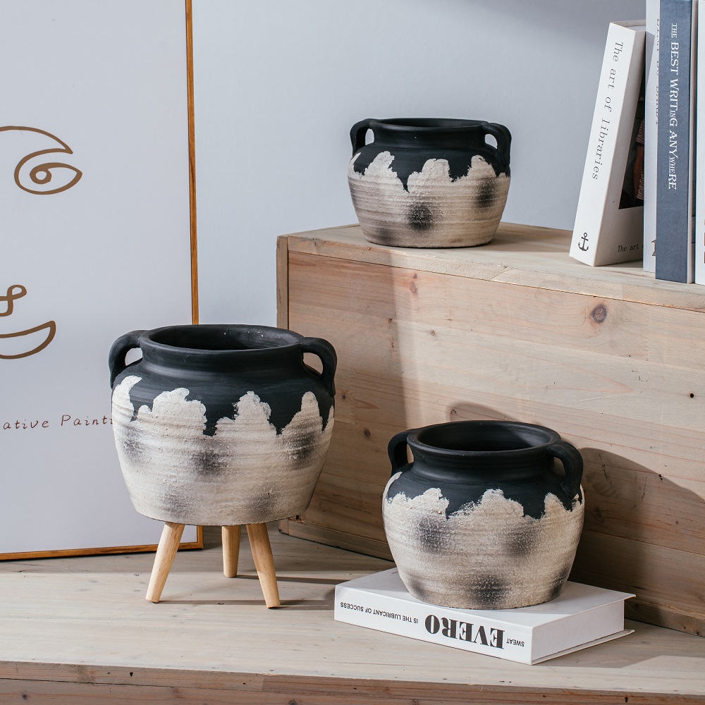 Cement Plant Pots Matte Succulent Planters Decorative Flower Pot with Double Handles