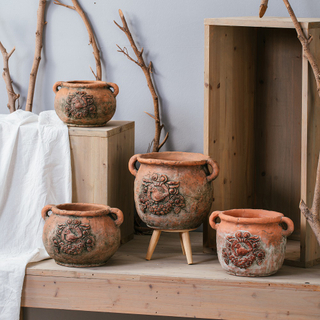 Round matte terracotta color garden decoration cement plant pots with double handles