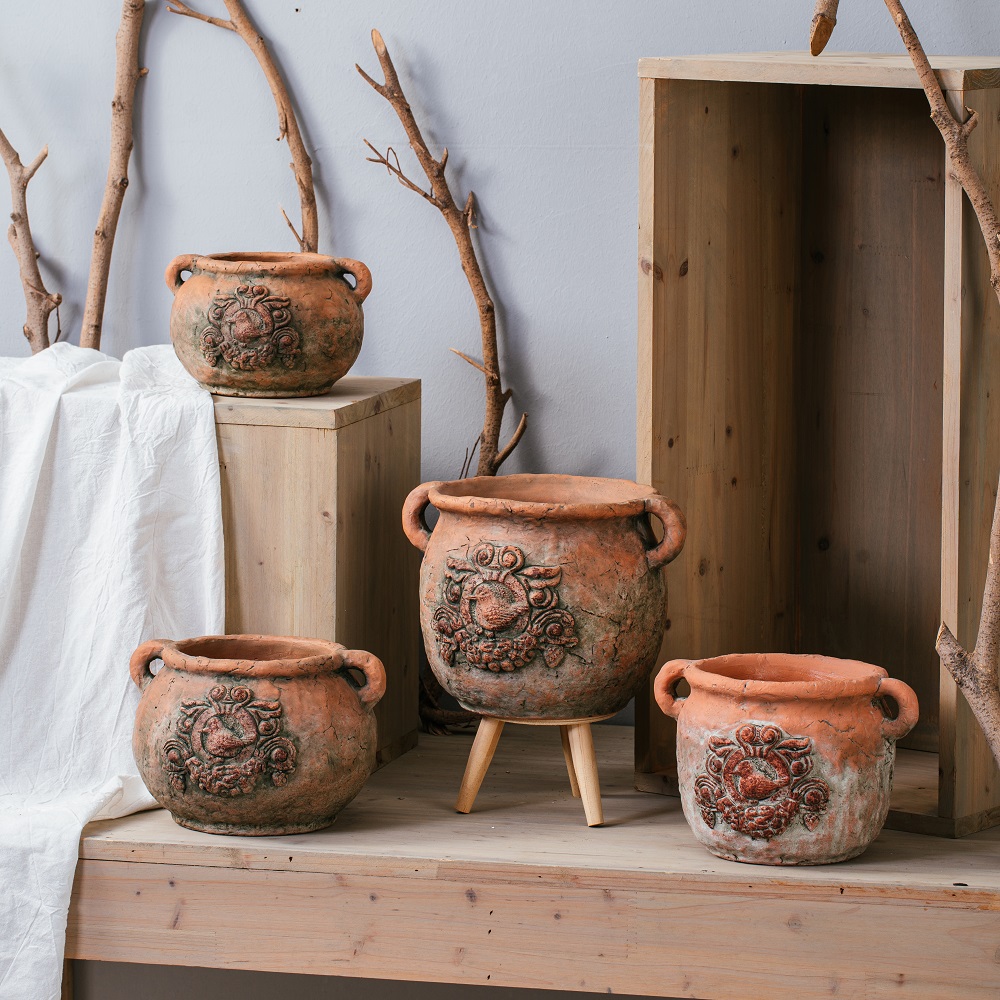 Round matte terracotta color garden decoration cement plant pots with double handles