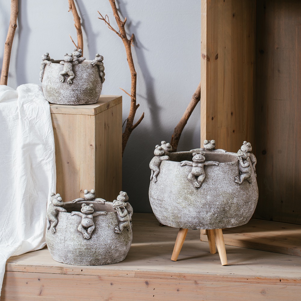 Frog embossed design succulent plants pot cement flower pot home garden decoration creative cement flower pot
