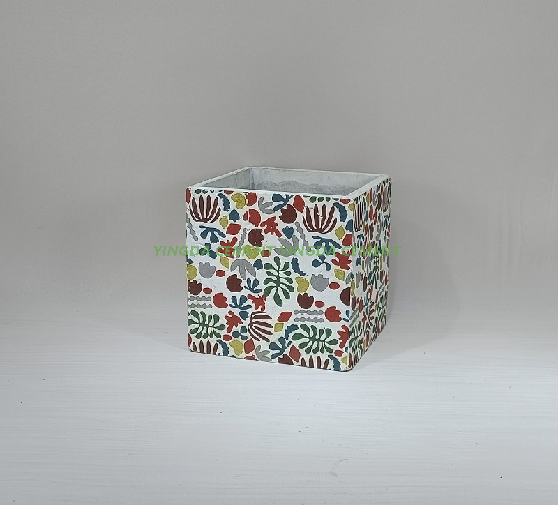Square Pot with Decal Cement Flower Pot