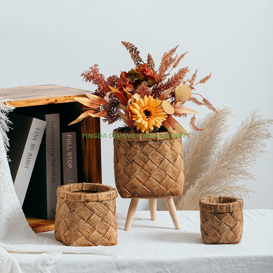 Modern Handmade Woven Basket Design Garden Decorative Cement Flower Pot for Indoor Planters