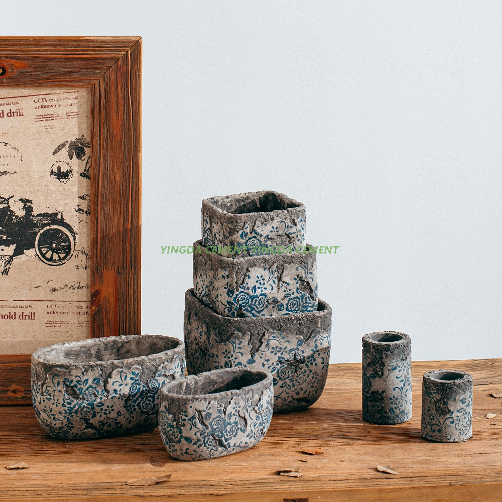 Antiqued Decal Pattern Flower Pot Home Garden Cement Planter Pots in Bulk