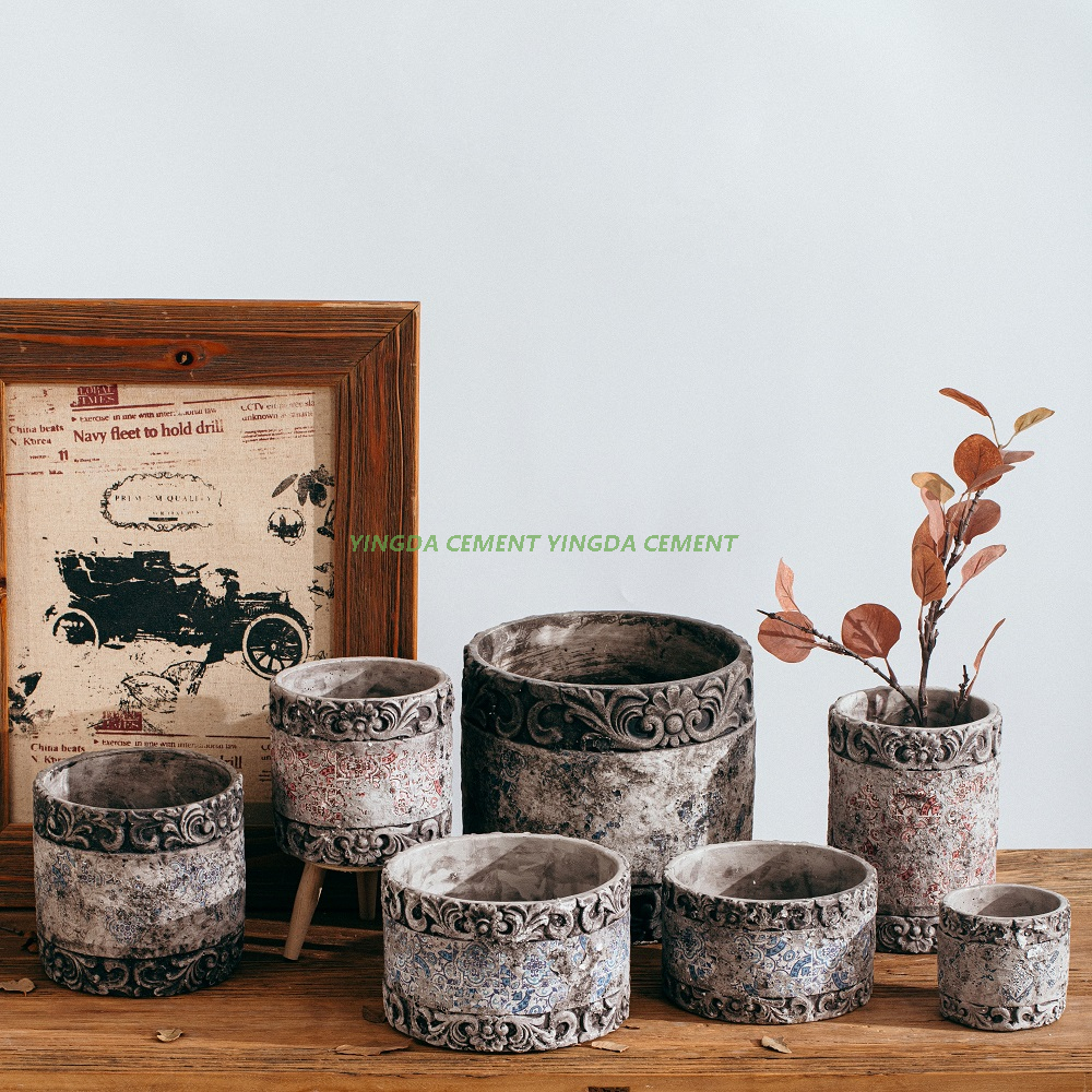 Antiqued Decal Pattern Cement Flower Pot Concrete Cement Planter