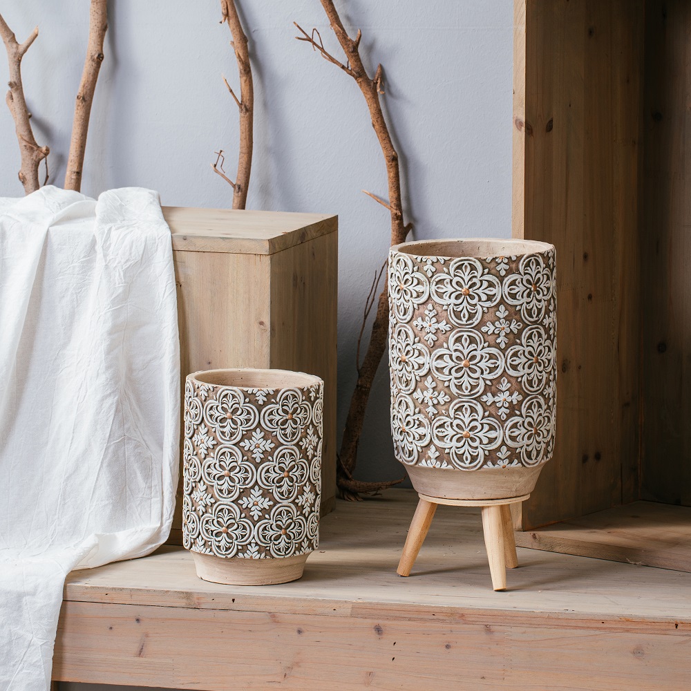 fashionable embossed tall shape design concrete pot home garden decor cement flower pots