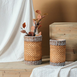 Wholesale bamboo weave design indoor plant living room tabletop modern cement flower vase for home decor