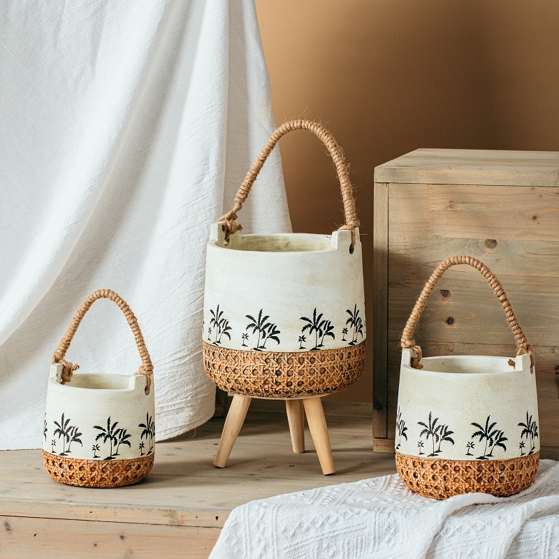 Modern novelty balcony decoration floating cement flower pot hanging planter pots with handle