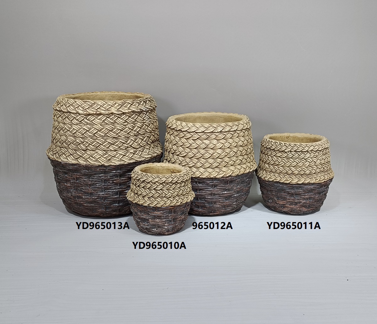 Rural rural style bamboo weaving design balcony planter pot cement cheap garden flower pots for sale