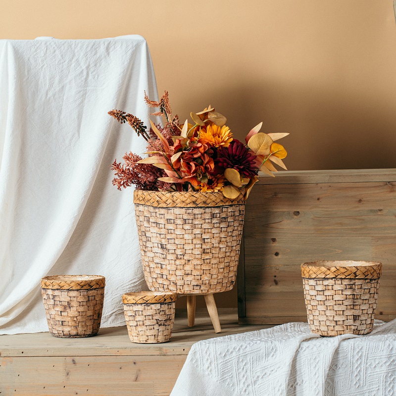 Unique bamboo weaving design outdoor indoor wholesale cement pot garden planter pots