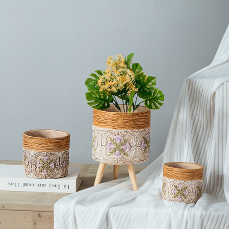 Innovative design cylindrical carve patterns flowerpot home decor cement indoor garden pots planters