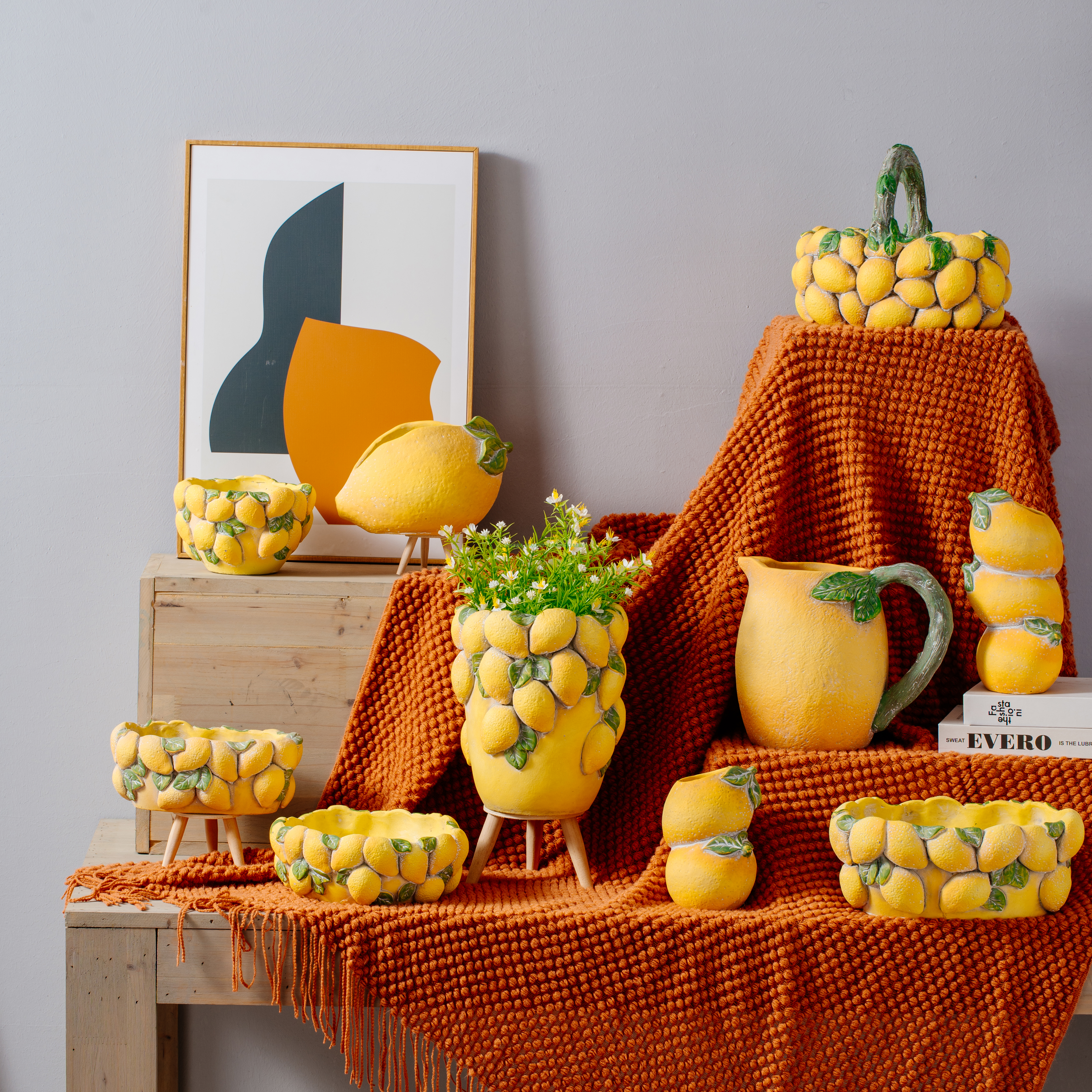 Flower pot for home decoration fruit collections cement Fruit Lemon Vase