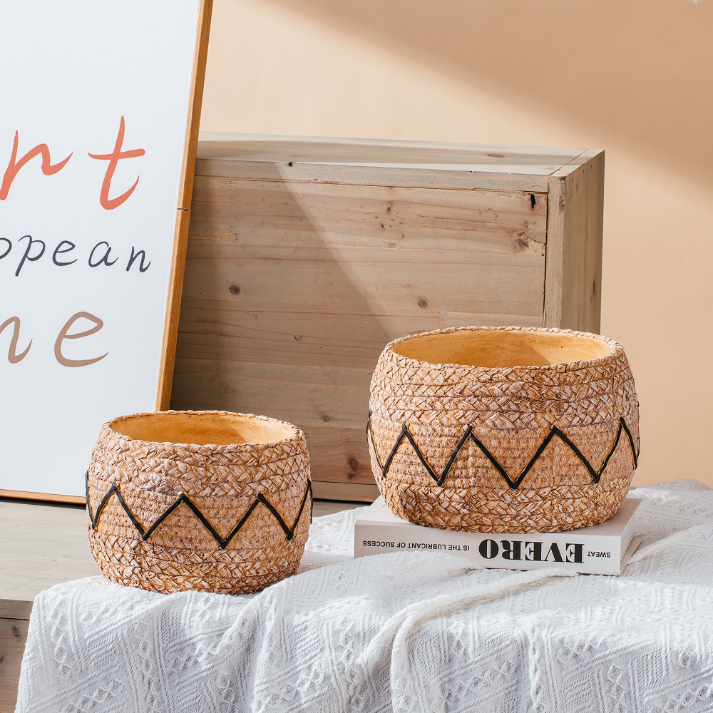 High quality bamboo woven design cement garden pots decoration concrete flower pot