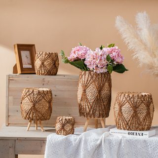 garden decoration plant pots bamboo woven handmade cement flower pot for plant