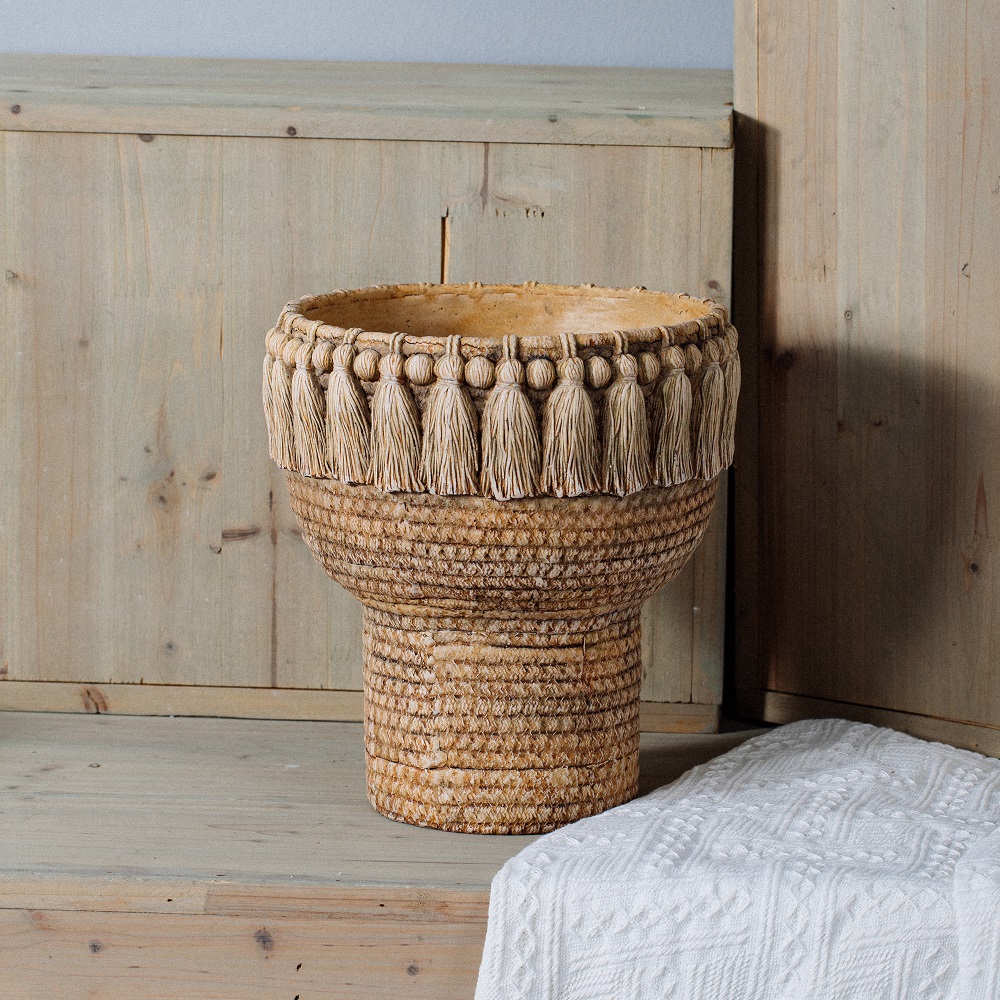 Wholesale bamboo woven design garden decorative concrete vases cement flower vase for decoration