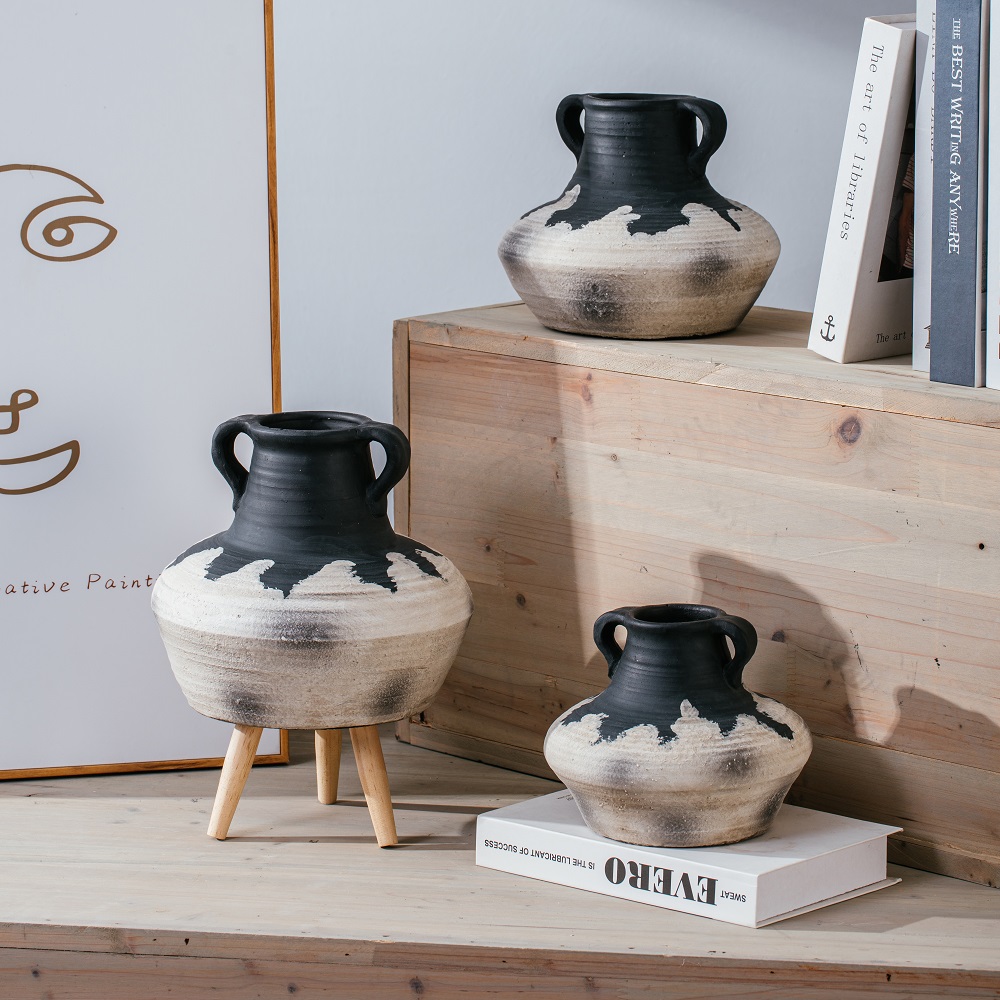 Village style cement plant pots Matte Succulent Planters Decorative Flower Pot with Double Handles