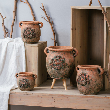Popular high quality matte terracotta color garden decoration cement plant pots with double handles