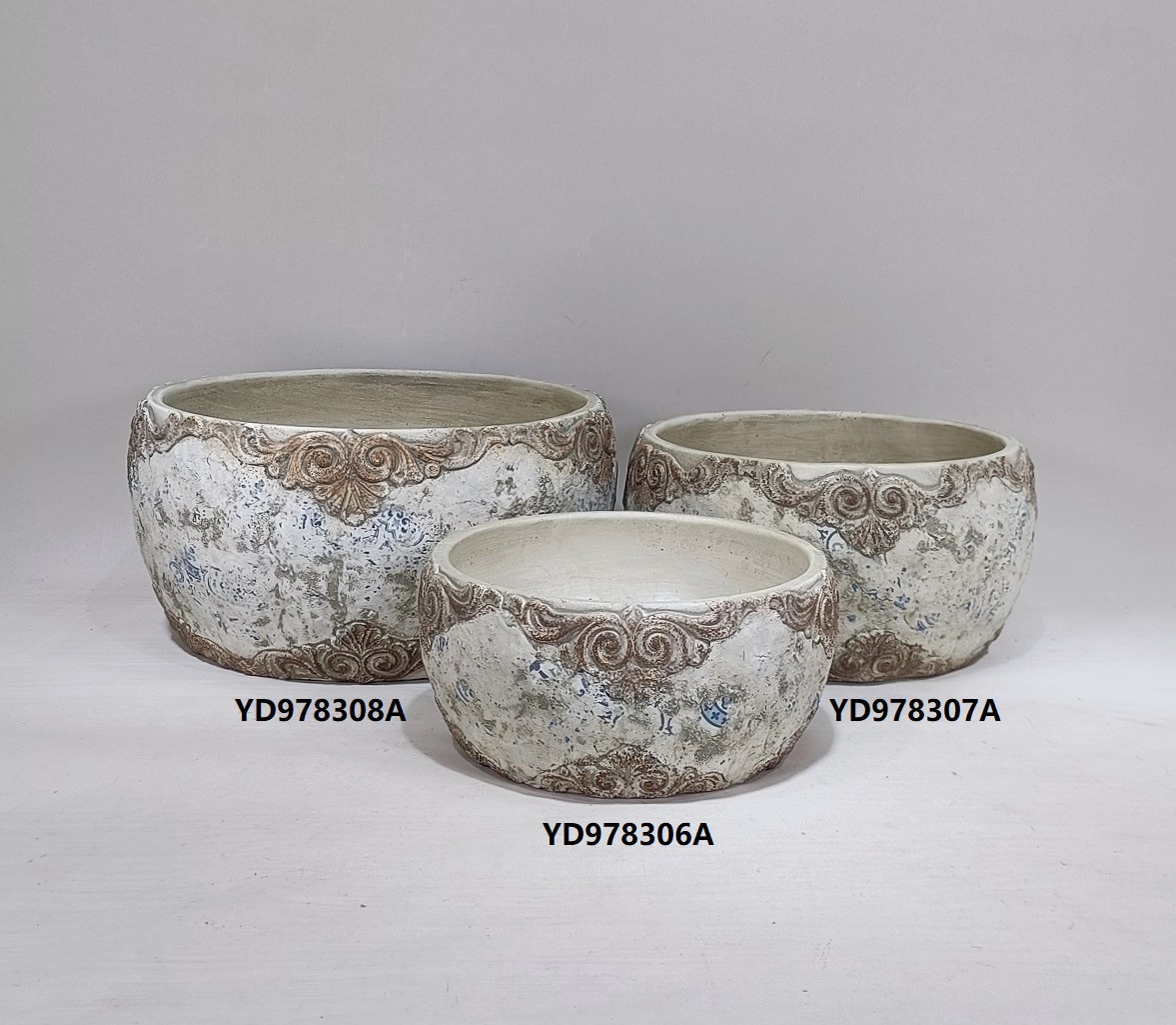 Antiqued decal pattern Round indoor outdoor cement flower pot garden decoration concrete planters