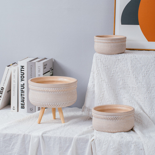 Bamboo woven design Round concrete flower pot light color decoration cement flower pots