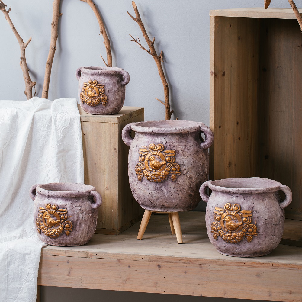 home garden decoration luxury concrete pots cement flower pots with double handles