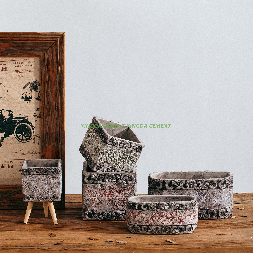 Antiqued Decal Pattern Cement Flower Pot Concrete Cement Planter