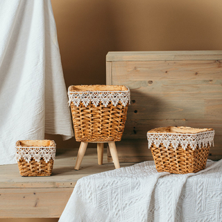 High quality rustic style bamboo weaving design cement pottery flower garden planters pot for plants