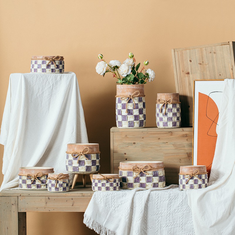 High quality creative relieved check pattern nordic home tabletop vases decoration cement flower vase