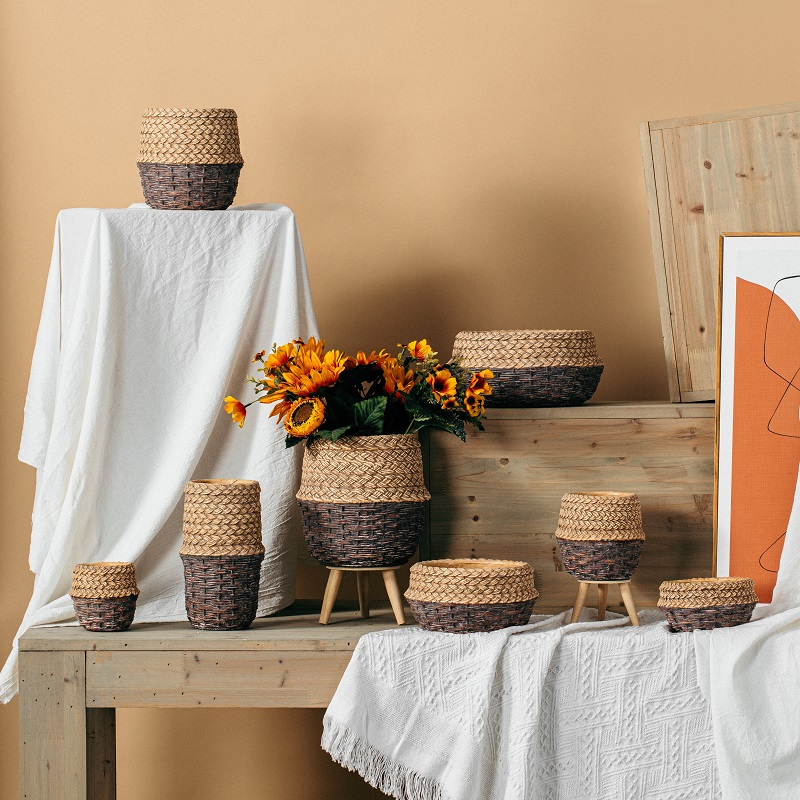 Nordic garden style bamboo weaving design outdoor round succulent plants pot cement flower pots for decoration