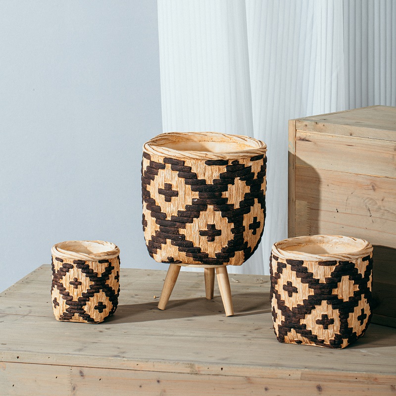 Factory direct garden decoration plant pots bamboo woven handmade cement flower pot for plant