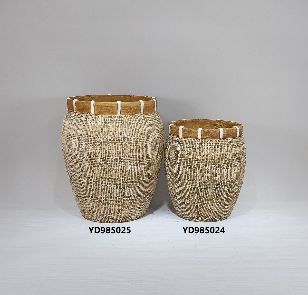 New product bamboo woven design courtyard decorative wide mouth large pot jar cement flower vase