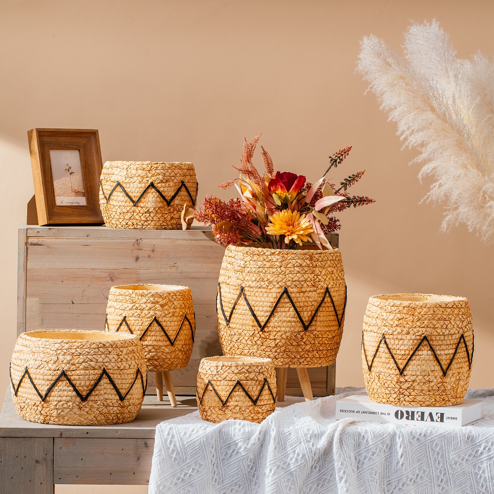 Good sale bamboo woven design cement garden pots decoration concrete flower pot