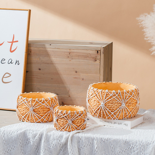 Bamboo woven design hand make concrete bonsai pot planter cement flower pots