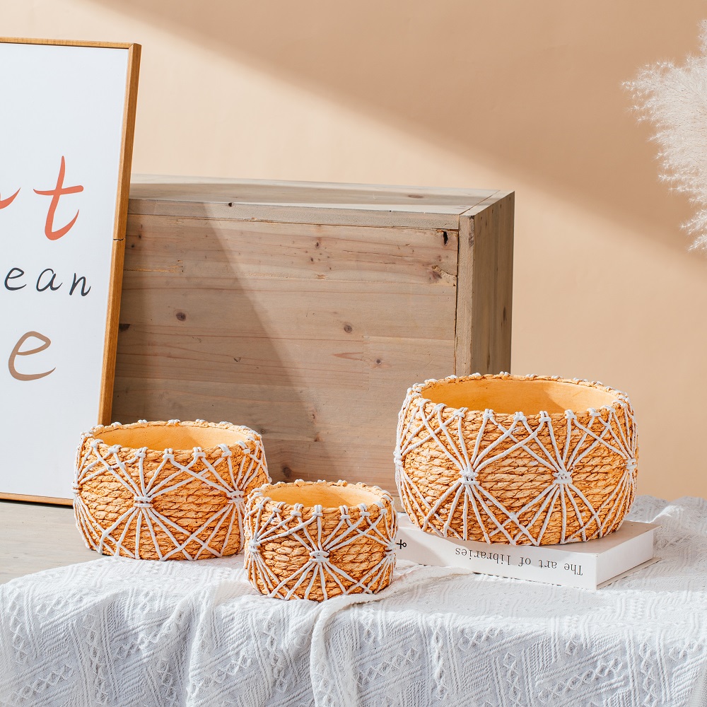 Bamboo woven design hand make concrete bonsai pot planter cement flower pots