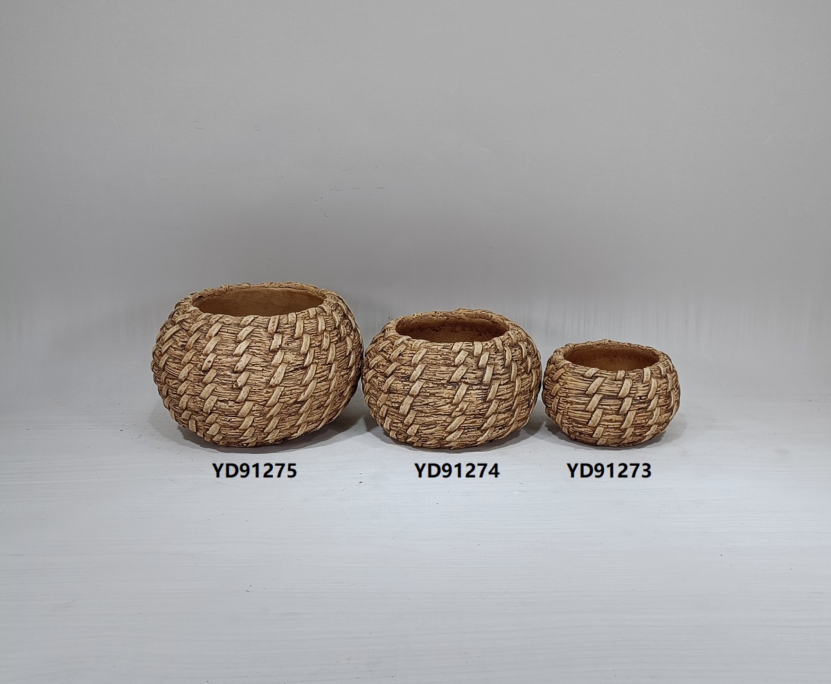 Creative bamboo woven design ball shape cactus flower pot cement decorative planter garden pots