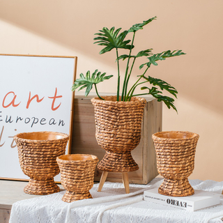 Creative rustic pastoral unique woven basket design cement urn pot decoration concrete flower pots planters