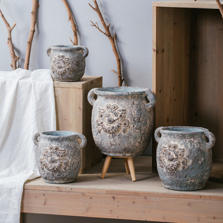 Vintage home decoration garden pots old looking cement flower pots & planters with double handles