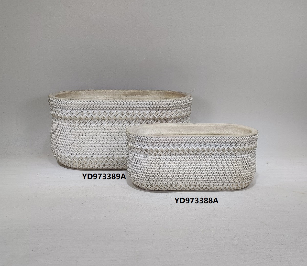 Bamboo woven design Oval concrete flower pot light color decoration cement flower pots