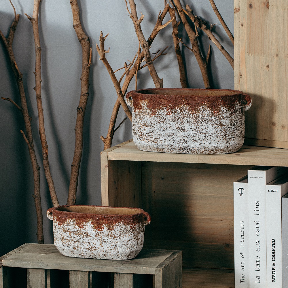 Retro style outdoor decor terracotta plant pot cement bonsai flowerpot concrete flower pot with handle