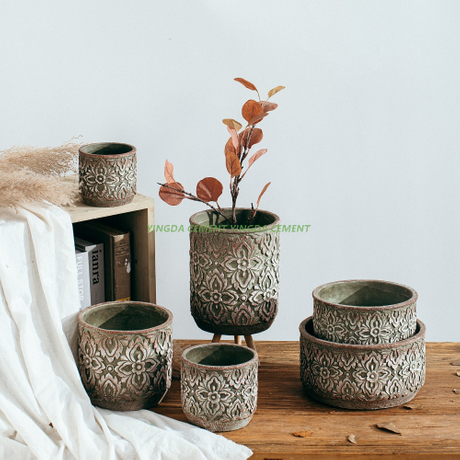 Classical Retro Embossed Pattern Custom Color Bonsai Pots Cement Flower Pots for Balcony Decorative