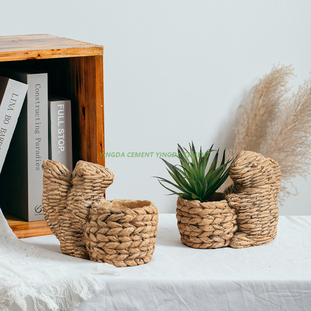 Home Garden Hot Selling Bamboo Woven Design Cute Animal Shape Succulent Planter Small Cement Flower Pot