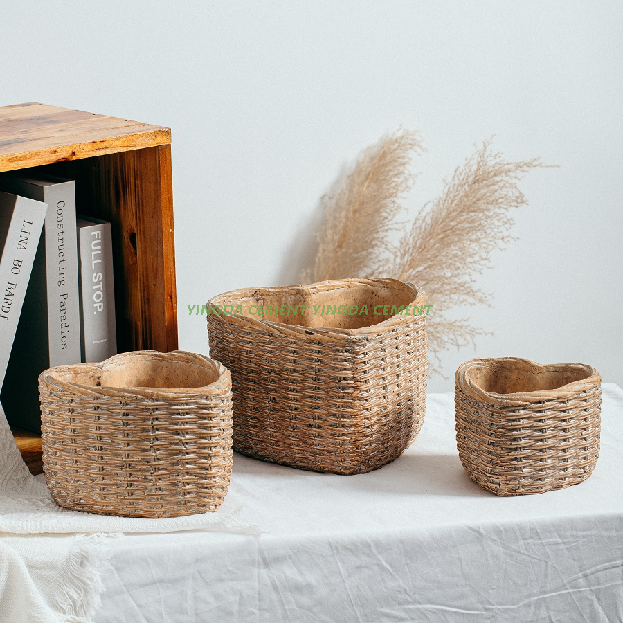 Bamboo Woven Design Rectangle Cement Bonsai Planter Pot Home Decor Vintage Flower Pot