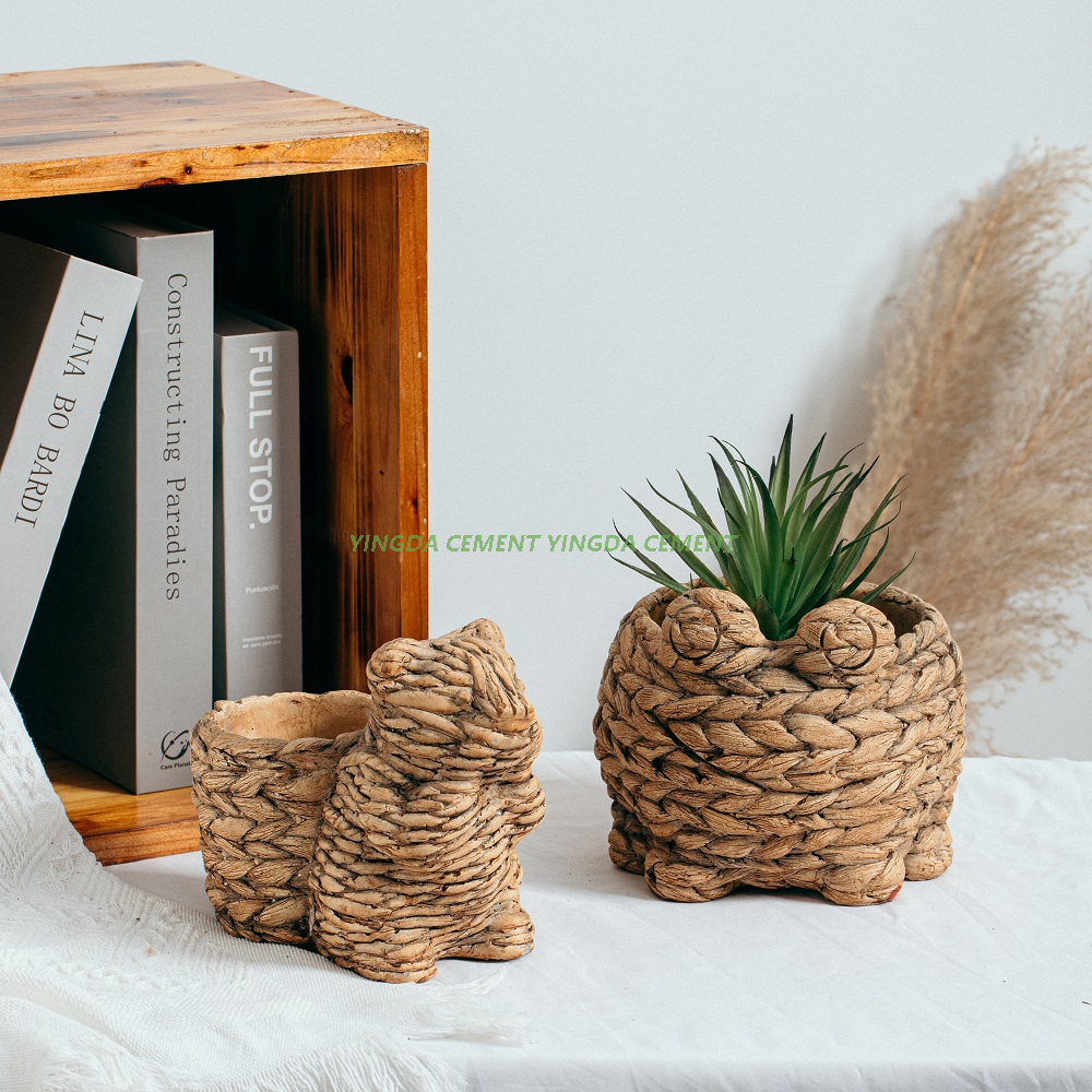 Home Garden Hot Selling Bamboo Woven Design Cute Animal Shape Succulent Planter Small Cement Flower Pot
